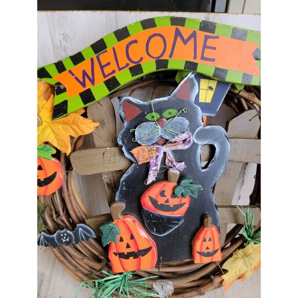 Vintage cat wreath Halloween welcome hanging home decor - Picture 3 of 11